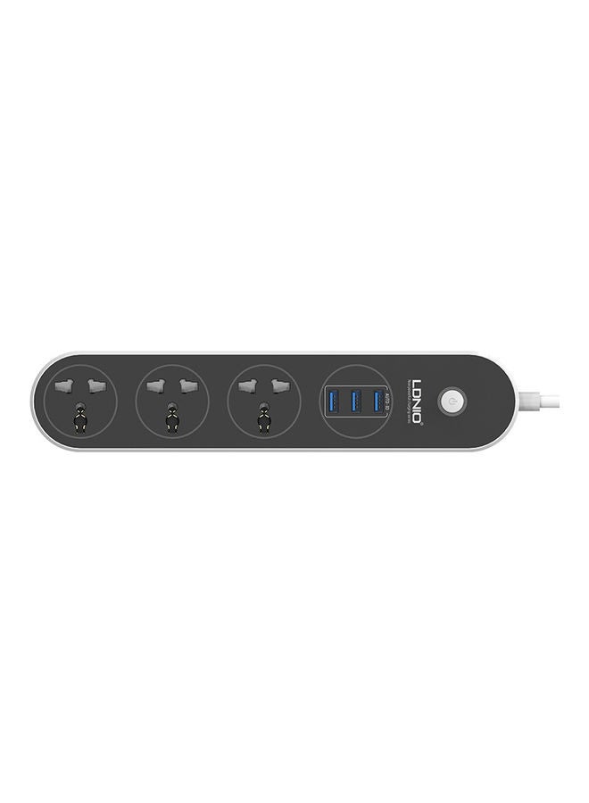 3-Power Socket with 3 USB Port and Data Sync Charging Cable Black 282.3 x 58.4 x 32.8mm