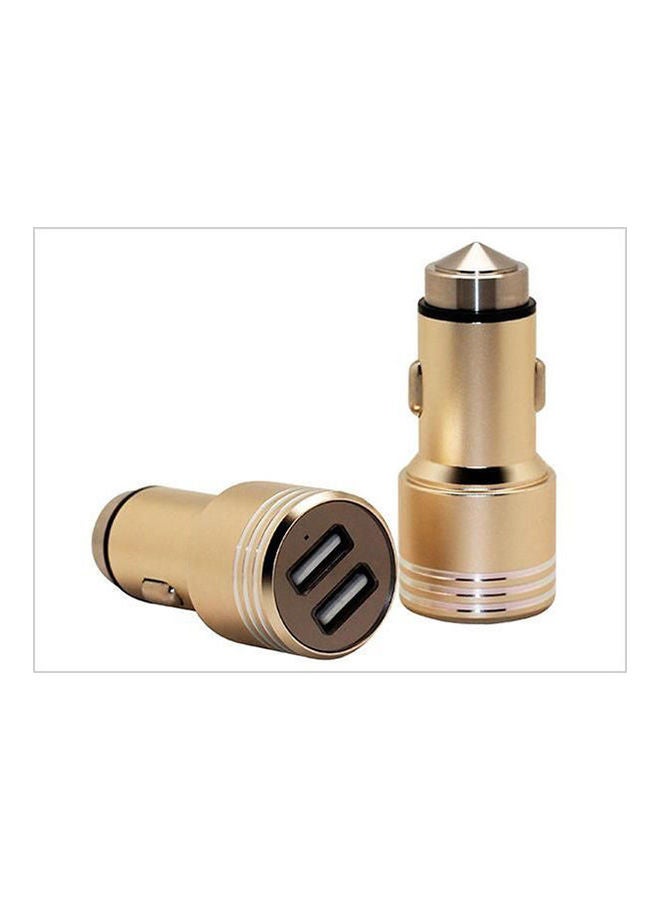 Dual Usb Metal Alloy Car Charger Adapter With Emergency Safety Hammer Function Gold