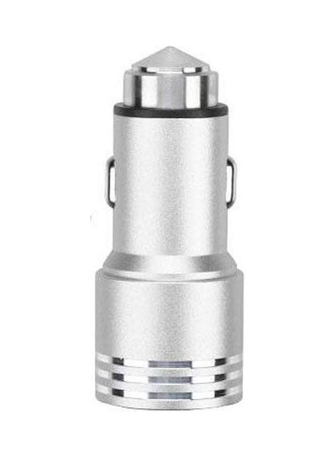 Dual USB Metal Alloy Car Charger Adapter With Emergency Safety Hammer Function Silver