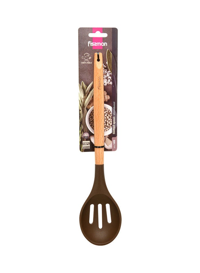 Chefs Tools Silicone Slotted Spoon With Wooden Handle Brown 32 x 7cm - v1630003875/N50478768A_2