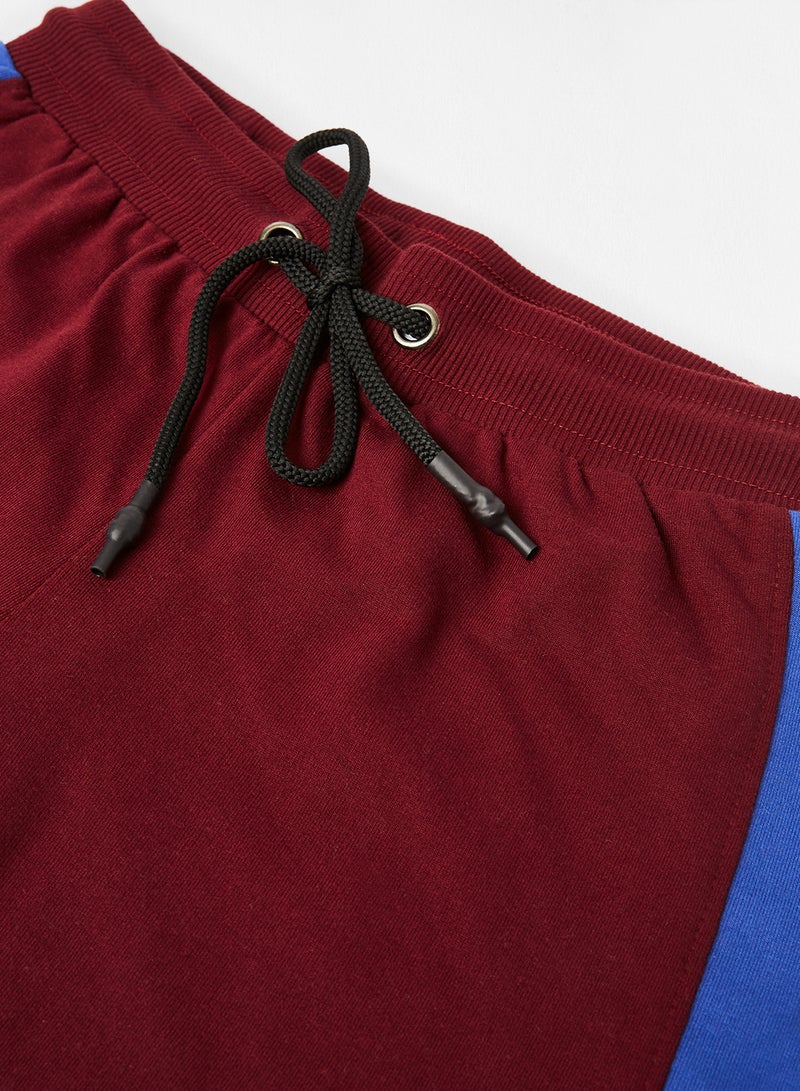 ABOF - Colourblock Pattern Elastic Waistband Drawstring Shorts Wine Red/Blue/White - Image 1