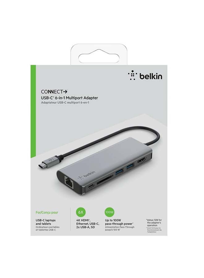 belkin - Belkin USB C Hub, 6-in-1 MultiPort Adapter Dock with 4K HDMI, USB-C 100W PD Pass-Through Charging, 2 x USB A, Gigabit Ethernet Ports and SD Slot for MacBook Pro, Air, iPad Pro, XPS and More Gray - Image 1