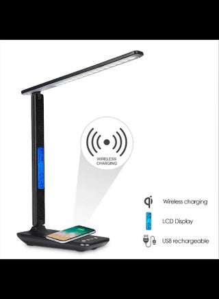 Wireless Charging LED Desk Lamp With Calendar Temperature Alarm Clock Black - v1630225610/N50528875A_1