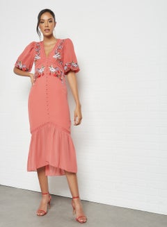 Embroidered Floral Midi Dress Terracotta