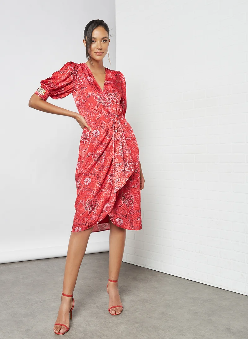 Hope & Ivy Floral Knot Front Dress Red
