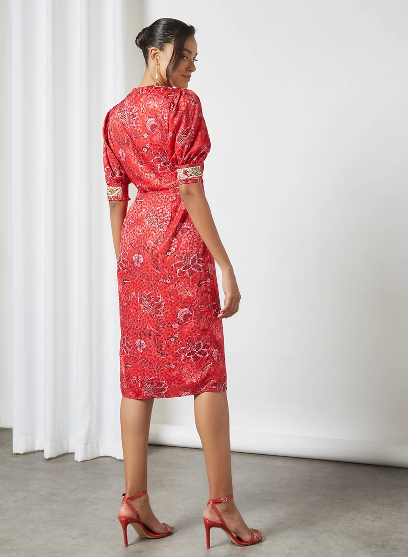Hope & Ivy Floral Knot Front Dress Red