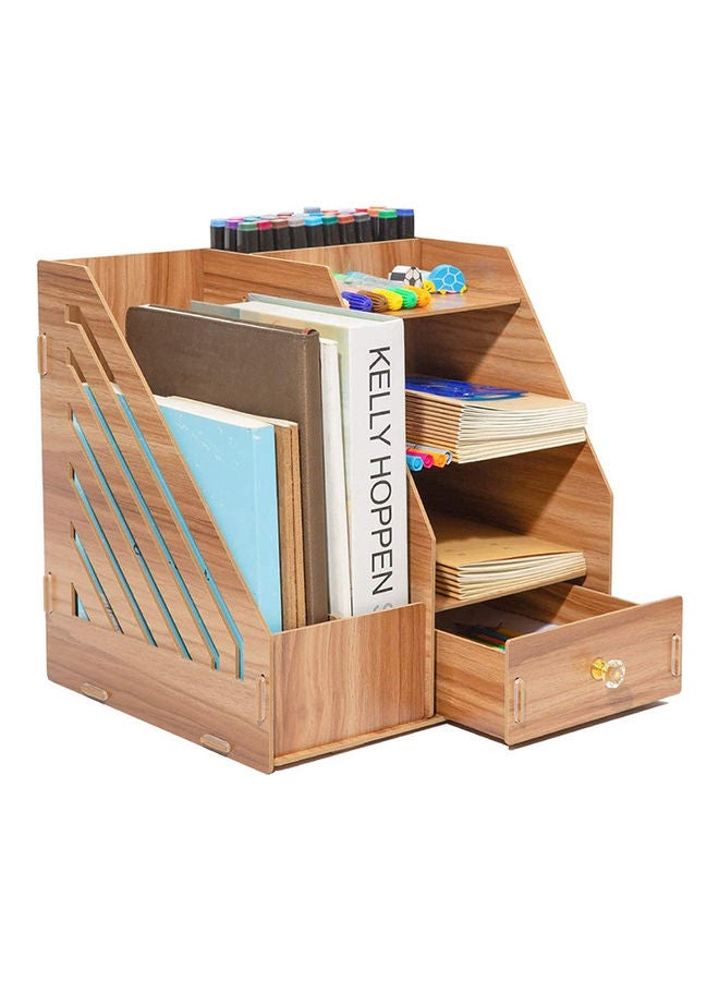 Desktop Organiser Wooden DIY Desk Tidy Stationary Storage Cabinet Brown - Image 1