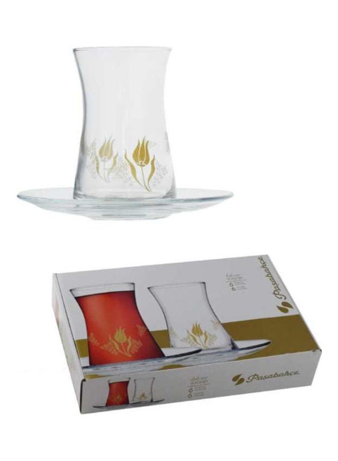 Pasabahce 12-Piece Lalezar Tea Set,  6 Cup And 6 Saucer Clear & Gold