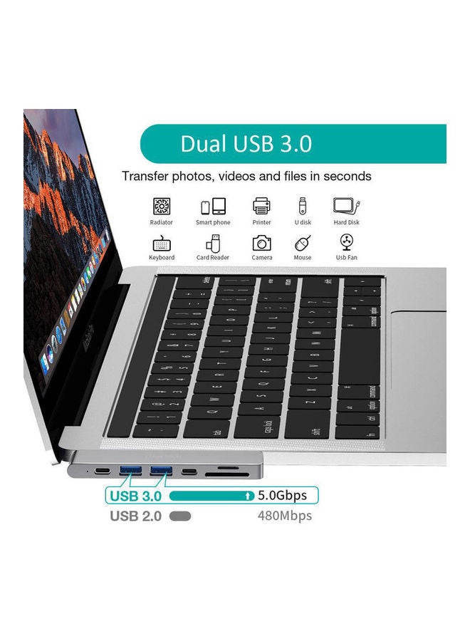 محول USB الفئة -C متعدد المنافذ 7 في 1 مناسب لأجهزة ماك بوك آير/برو و الأجهزة المتوافقة مع Type-C رمادي