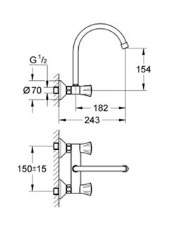 Grohe Costa Wall Sink Mixer Silver 224x150mm  - Image 2