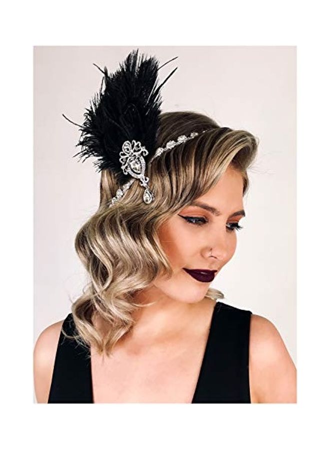 SWEETV Womens Ostrich Feather Crystal Headband Silver/Black 2X1.4X1,2inch  - Image 1