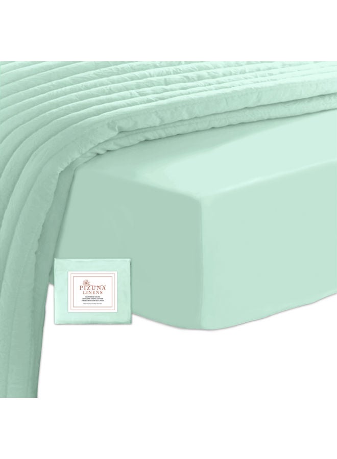 PIZUNA 100% Long Staple Soft Sateen 400 Thread Count Weave Queen Size Fitted Bed Sheet Cotton Mint Green 150x200cm  - Image 2
