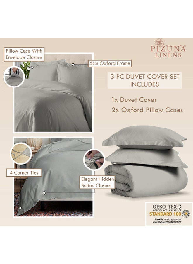 PIZUNA - 3-Piece 100% Long Staple Soft Sateen 400 Thread Count Weave Double Size Duvet Cover Set Cotton Silver - Image 1