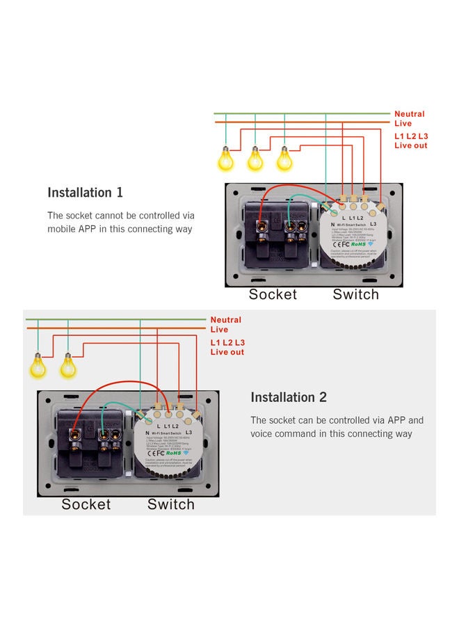 95-250V Wi-Fi Smart Wall Outlet with 2 Gang Touch Light Switch White 15.20 x 4.50 x 9.20cm - Image 3