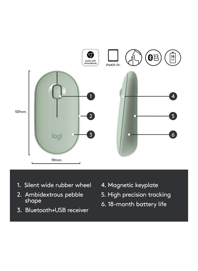 Logitech M350 Pebble Wireless Mouse, Bluetooth or 2.4 GHz And USB Mini-Receiver, Silent, Slim Computer Mouse With Quiet Click for Laptop/Notebook/PC/Mac Eucalyptus - Image 3