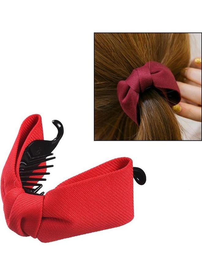 BGM Sweet Fabric Bow Elegant Women Solid Cloth Ties Banana Hair Crab Clip Red - Image 1