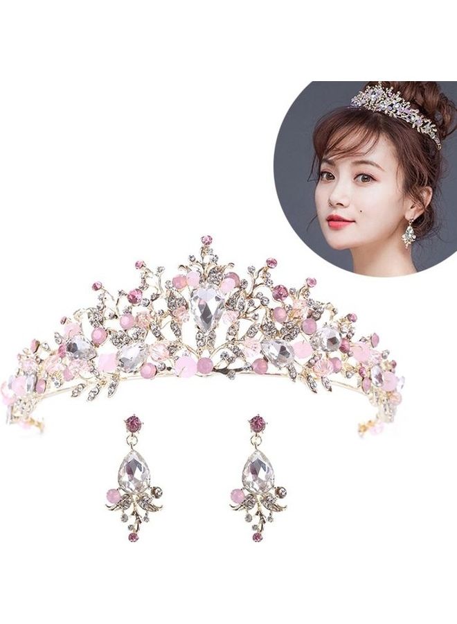بي جي إم ربطة رأس مصنوعة يدويا من الكريستال على شكل تاج العروس مزينة باللؤلؤ وردي مع أقراط - Image 1