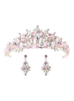 BGM Pearl Bridal Crowns Crystal Handmade Headband Pink With Earrings  - Image 2