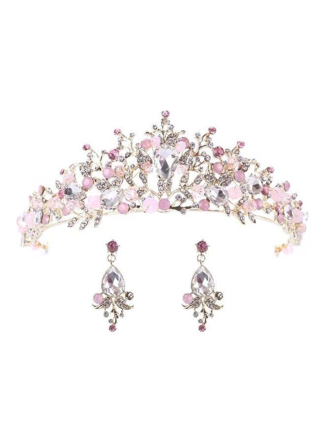 بي جي إم ربطة رأس مصنوعة يدويا من الكريستال على شكل تاج العروس مزينة باللؤلؤ وردي مع أقراط - Image 2