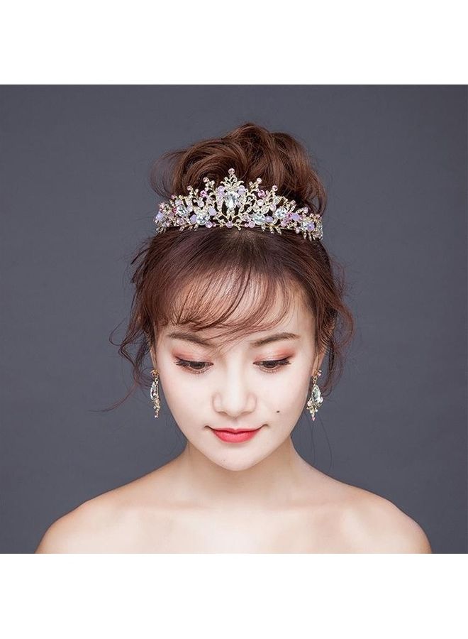 بي جي إم ربطة رأس مصنوعة يدويا من الكريستال على شكل تاج العروس مزينة باللؤلؤ وردي مع أقراط - Image 5