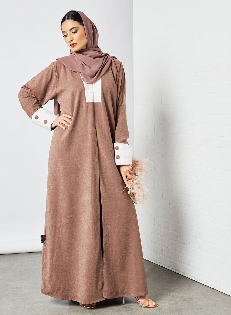 Bousni Coat Collared Abaya Brown  - Image 3
