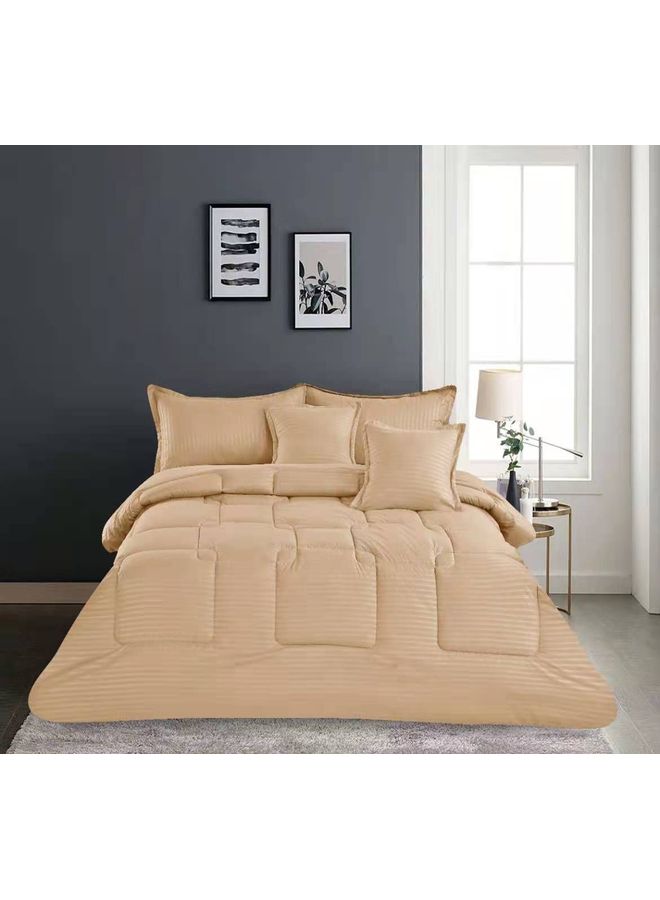 Dream Bell - 6-Piece King Striped Luxury Comforter Set Cotton Beige - Image 1