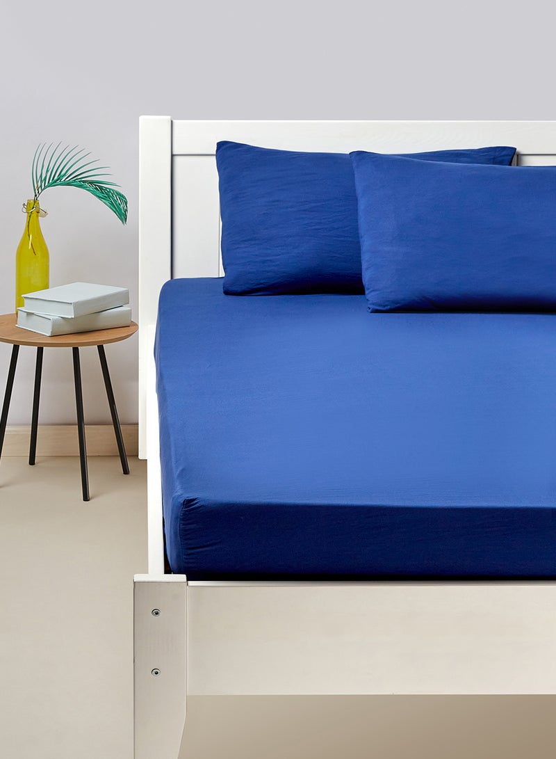 Fitted Bedsheet Set Single Size Size Microfiber Material Light Weight Soft Feel Everyday Use 90 GSM 1 Bed Sheet And 2 Pillow Case Navy Blue Color Polyester Navy Blue 120 x 200 + 33cm