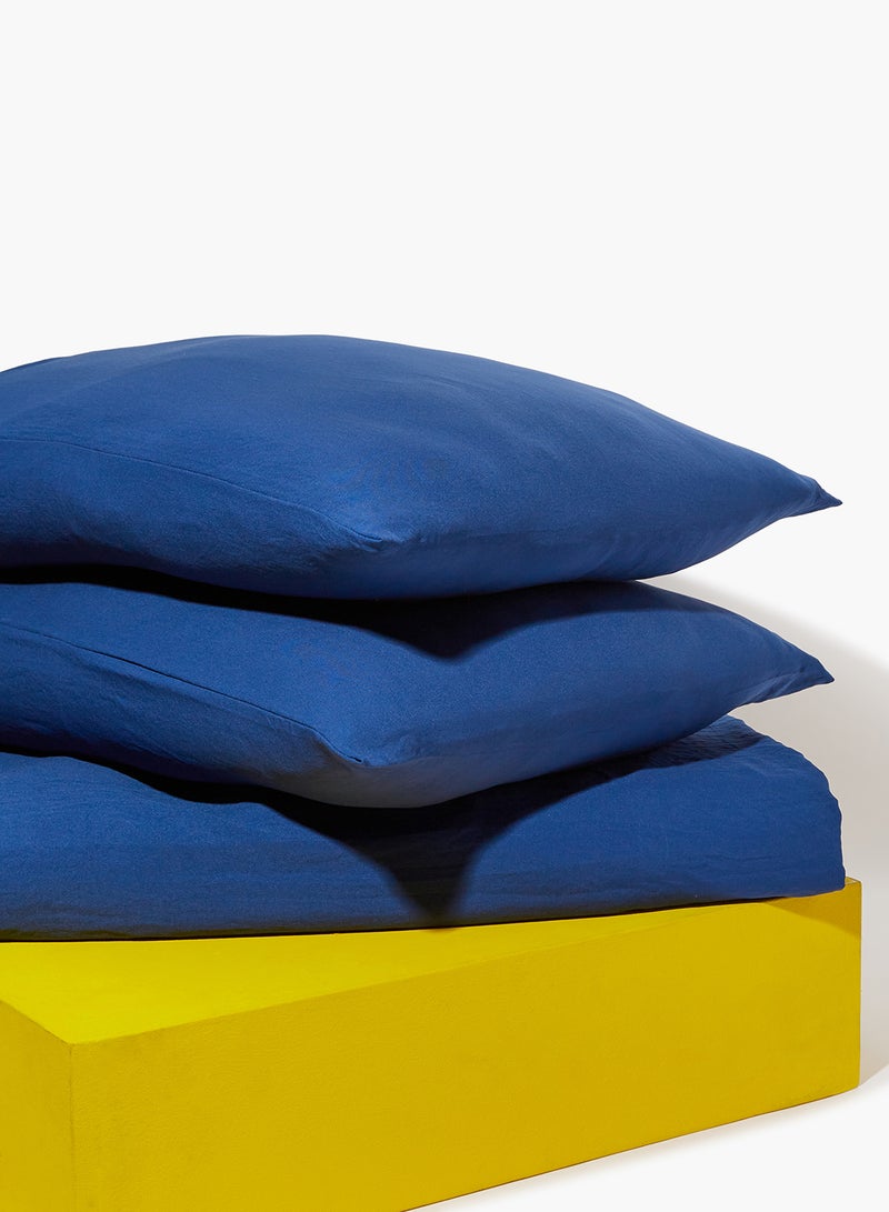 Fitted Bedsheet Set Single Size Size Microfiber Material Light Weight Soft Feel Everyday Use 90 GSM 1 Bed Sheet And 2 Pillow Case Navy Blue Color Polyester Navy Blue 120 x 200 + 33cm