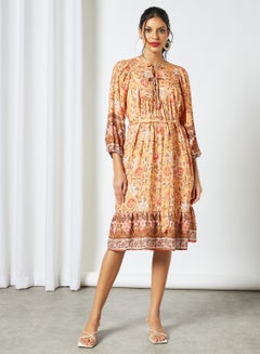 All-Over Print Midi Dress Orange