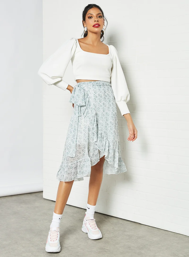 LABEL RAIL All-Over Print Midi Skirt Blue/White