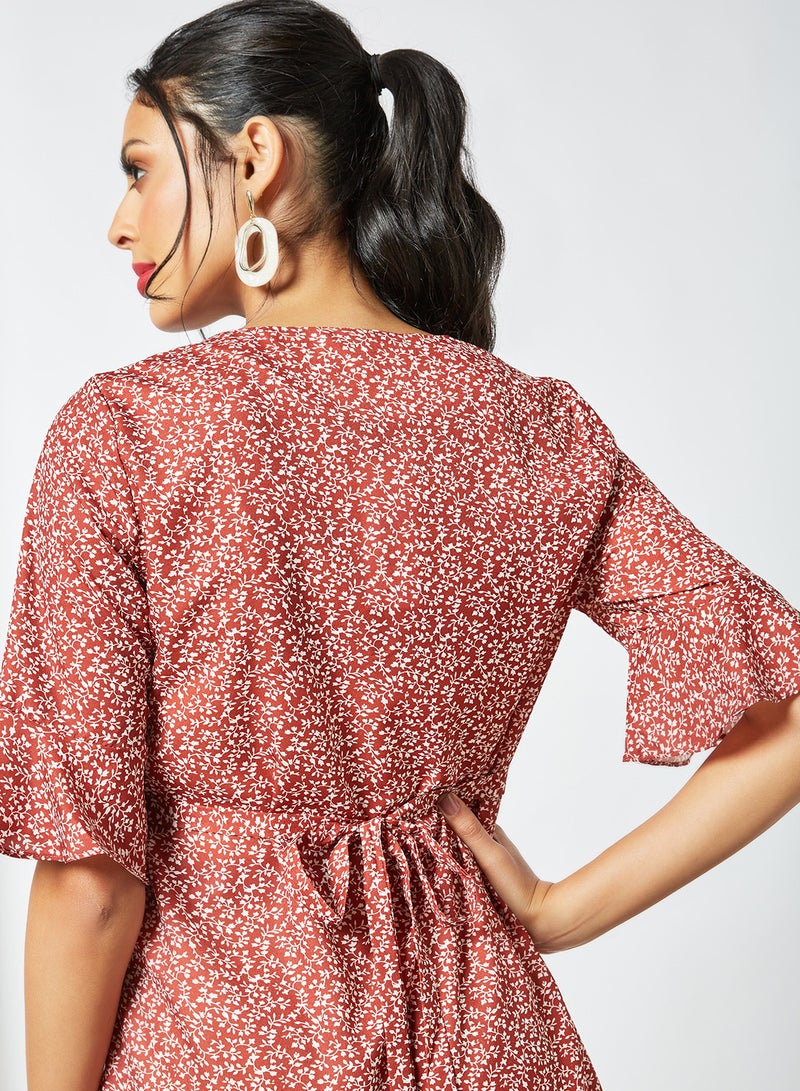 All-Over Print Mini Dress Brown