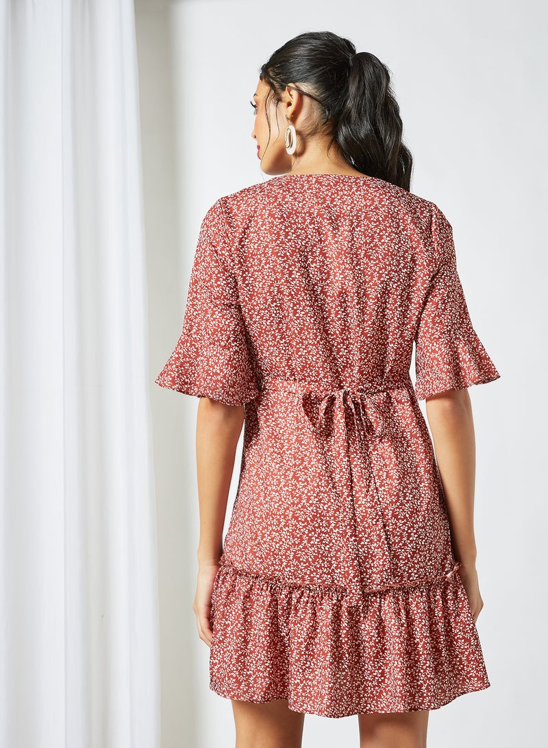 All-Over Print Mini Dress Brown