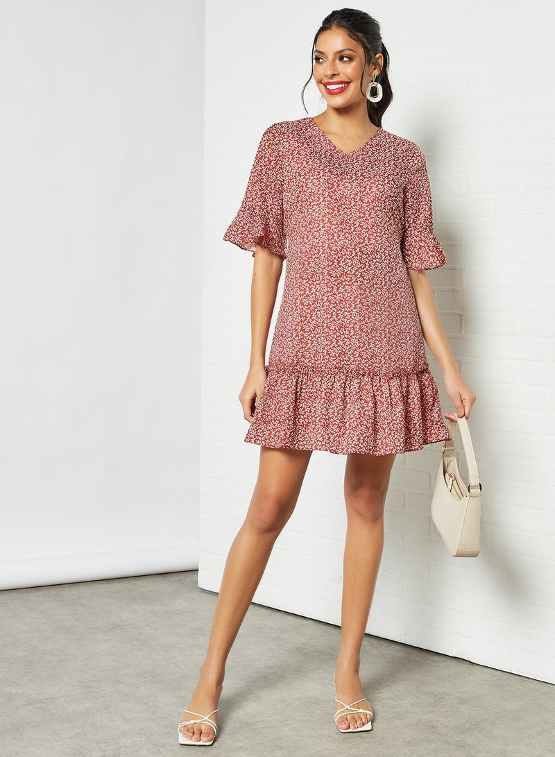 All-Over Print Mini Dress Brown