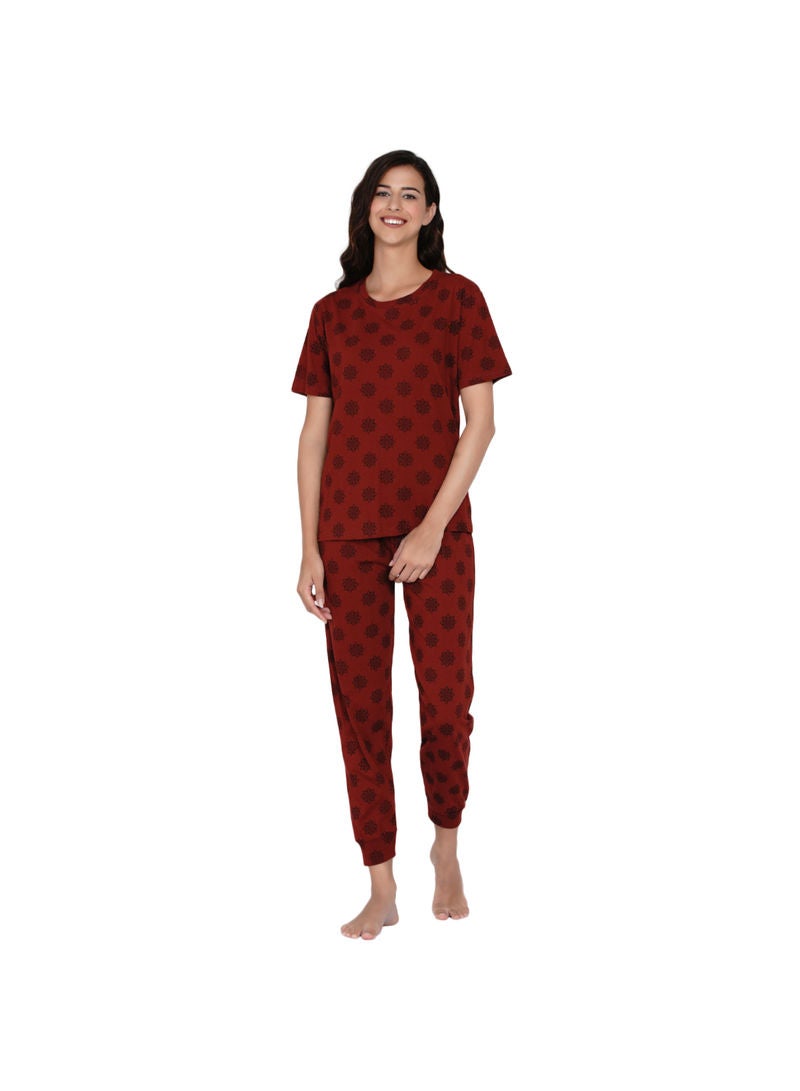 Printed Nightwear Pyjama Set Maroon - v1630560128/N49661494V_2