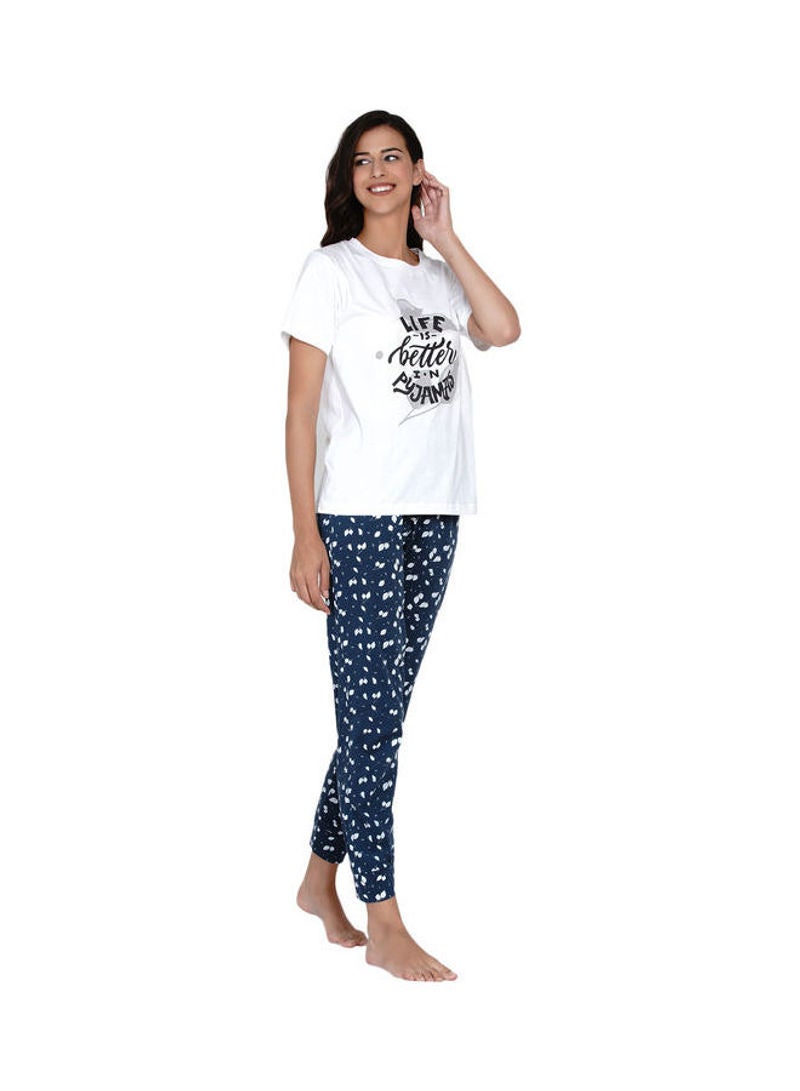 Printed Nightwear Pyjama Set Navy Blue/White/Black - v1630561164/N49661586V_2