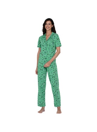 Notched Collared Printed Pyjama Set Light Green