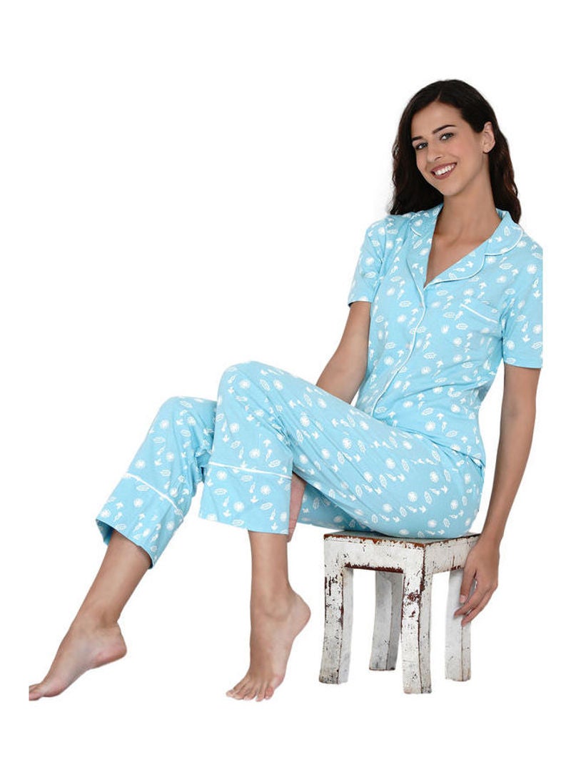 Notched Collared Printed Pyjama Set Mint - v1630561654/N49661698V_1