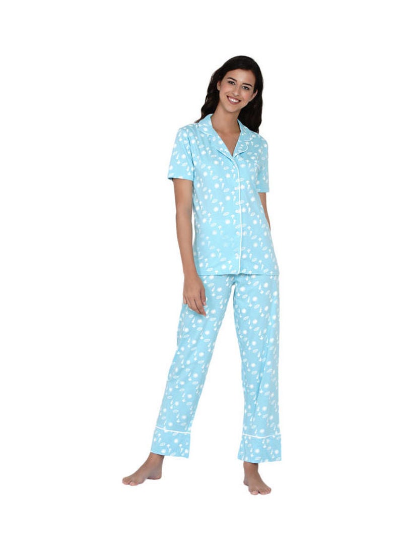 Notched Collared Printed Pyjama Set Mint - v1630561654/N49661698V_2