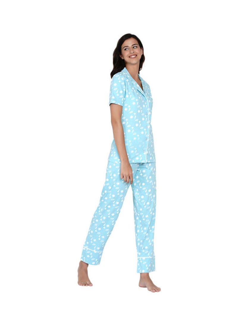 Notched Collared Printed Pyjama Set Mint - v1630561654/N49661698V_4