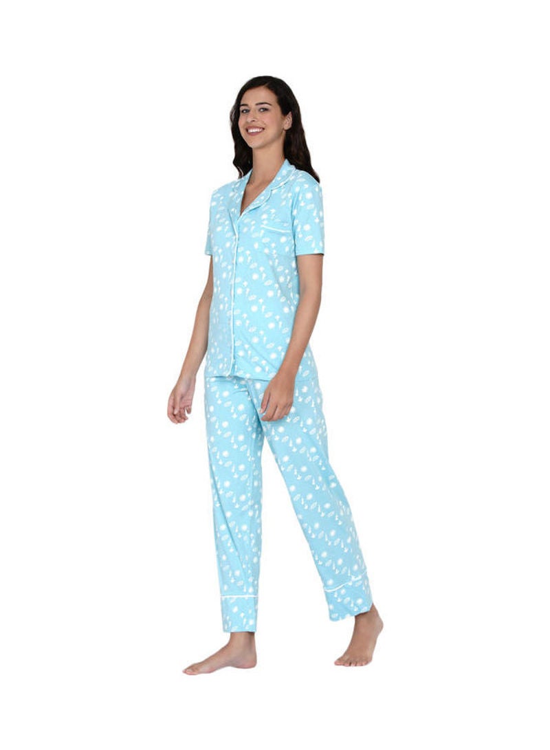 Notched Collared Printed Pyjama Set Mint - v1630561654/N49661698V_5