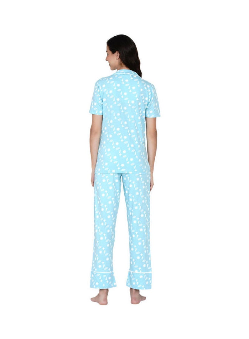 Notched Collared Printed Pyjama Set Mint - v1630561654/N49661698V_6