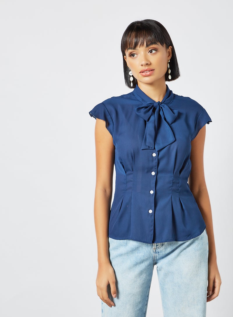 LABEL RAIL Tie-Up Neckline Top Navy  - Image 1
