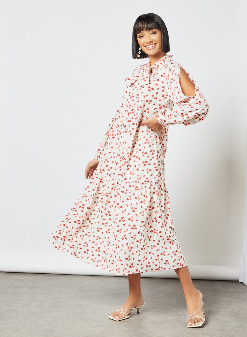 LOST INK Floral Print Tie-Up Neck Dress White  - Image 3