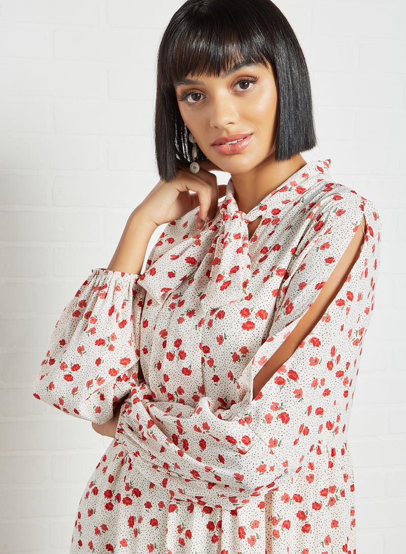 LOST INK Floral Print Tie-Up Neck Dress White  - Image 2