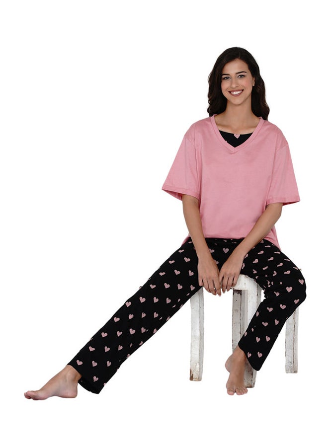 LAUREN Smith Printed Nightwear Pyjama Set Black/Pink AOP  - Image 5