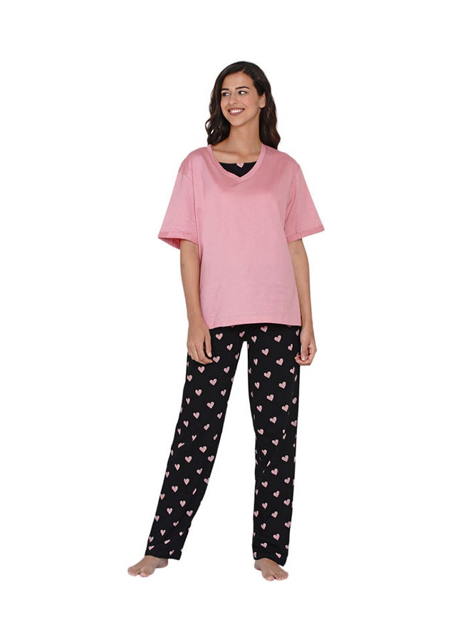 LAUREN Smith Printed Nightwear Pyjama Set Black/Pink AOP  - Image 1
