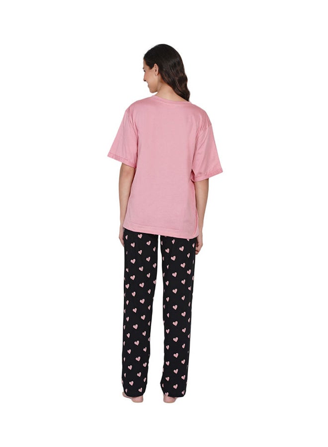 LAUREN Smith Printed Nightwear Pyjama Set Black/Pink AOP  - Image 2