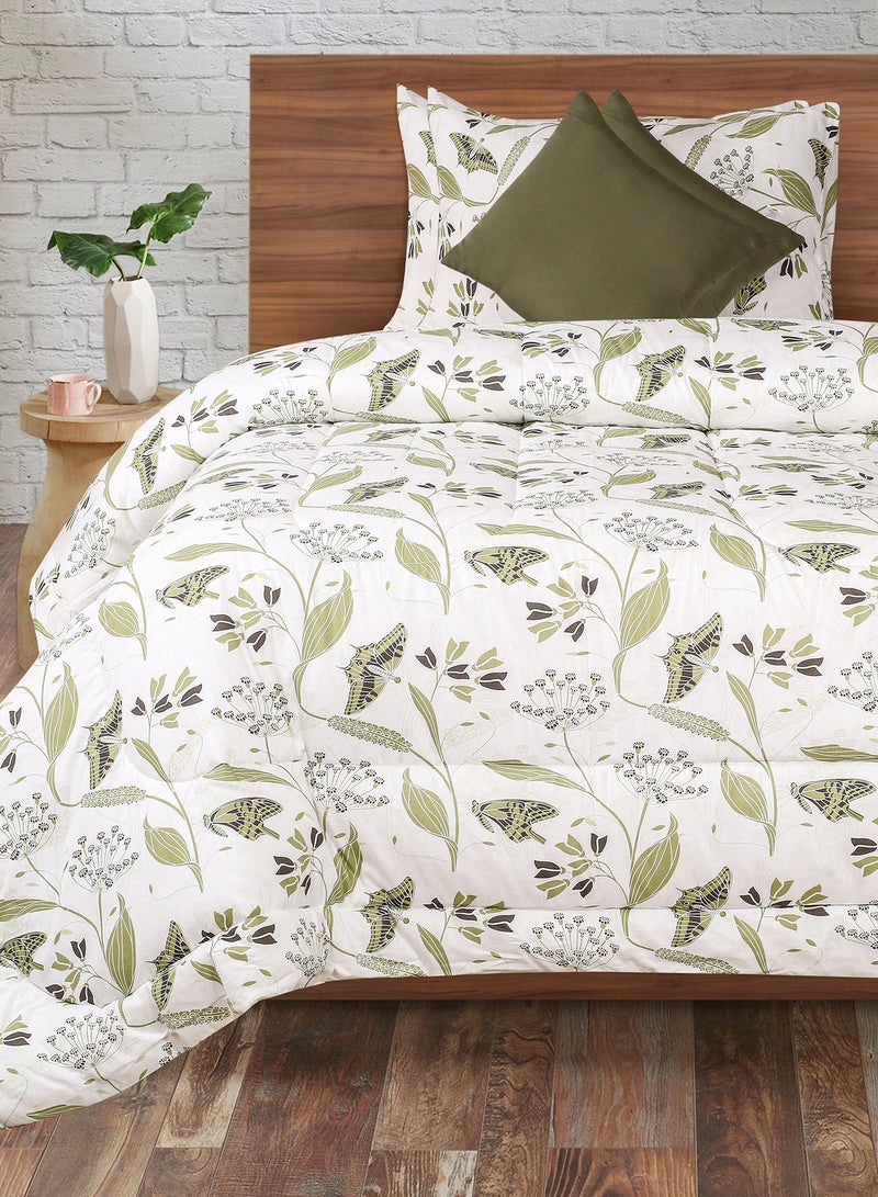 أمال طقم لحاف مقاس كينج للاستخدام اليومي لجميع المواسم مصنوع من القطن بنسبة 100% مكون من 5 قطع 1 لحاف 215 × 240 سم + 2 غطاء وسادة 50 × 75 سم + 2 غطاء وسادة 40 × 40 سم أبيض/زيتوني بوليستر كينج - Image 1