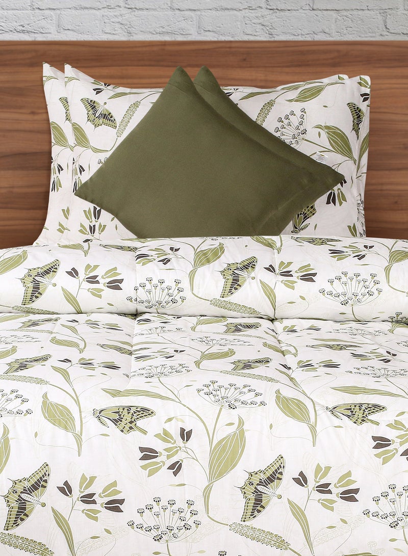 أمال طقم لحاف مقاس كينج للاستخدام اليومي لجميع المواسم مصنوع من القطن بنسبة 100% مكون من 5 قطع 1 لحاف 215 × 240 سم + 2 غطاء وسادة 50 × 75 سم + 2 غطاء وسادة 40 × 40 سم أبيض/زيتوني بوليستر كينج - Image 2