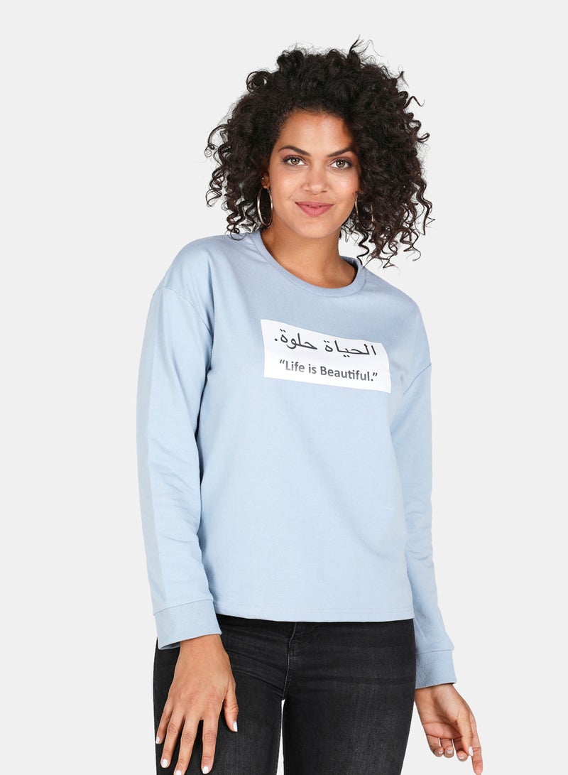DRIP - Casual Life Is Beautiful Printed Crew Neck Regular Fit Sweatshirt Blue Fog - Image 1